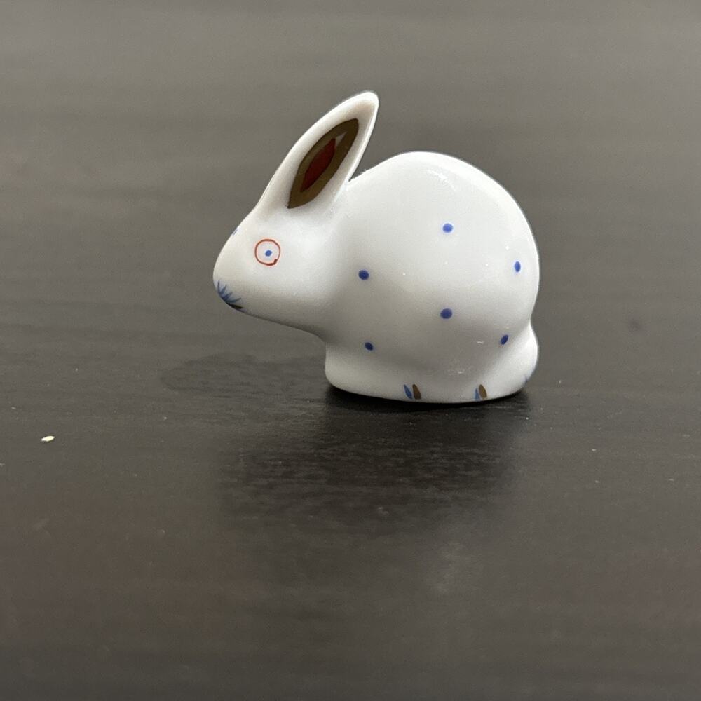 Vintage Mini Herend Polka Dot Bunny Rabbit Blue Dots 24K Gold Figurine #5339
